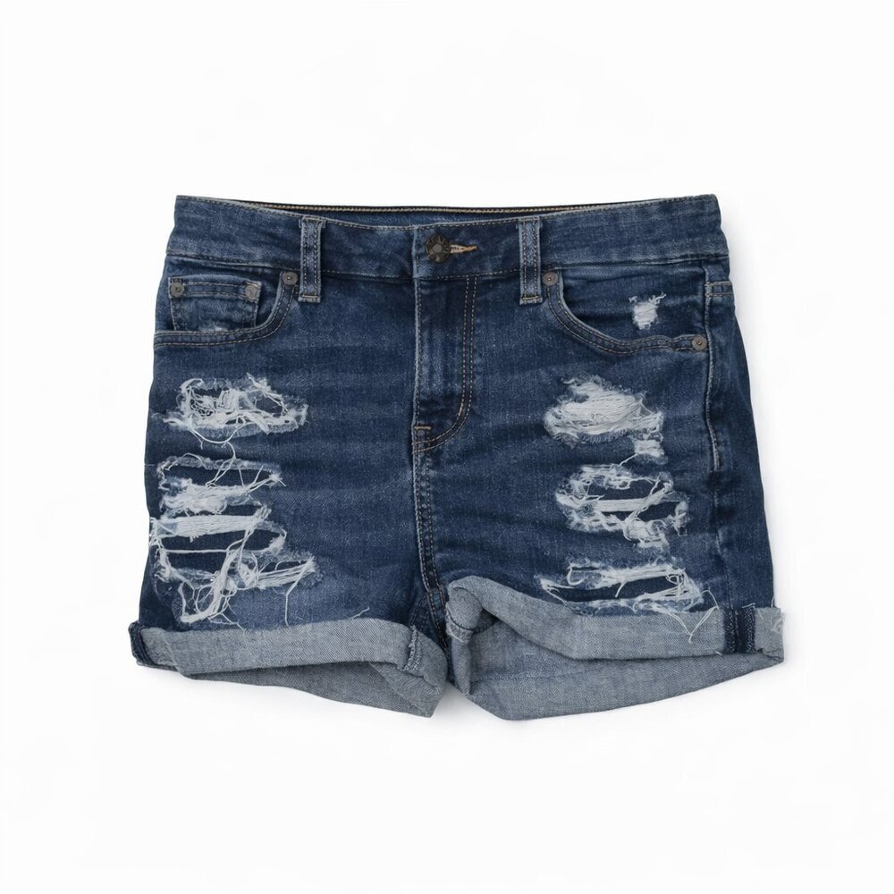 AMERICAN EAGLE Curvy Hi-Rise Shortie Dark Wash Distressed Cuffed Shorts Size 0